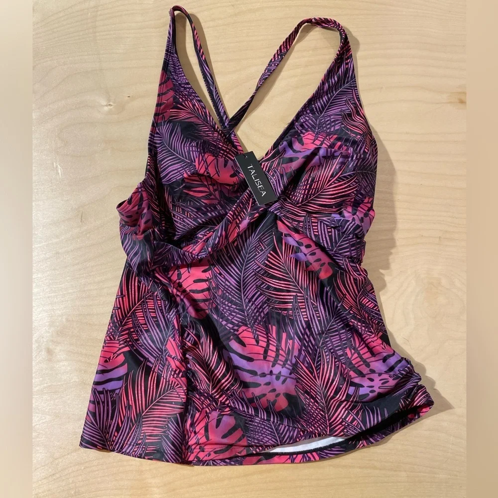 Talisea Pink and Purple Leaf Print Swim Top Large (OO)